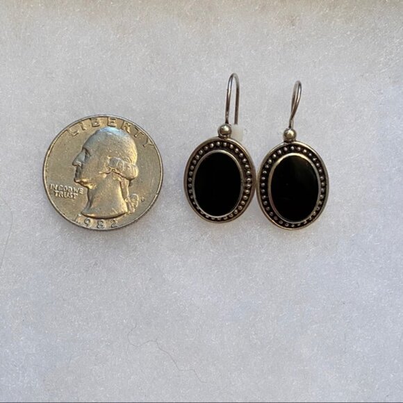 PRECIV EARRINGS STERLING SILVER 925 BLACK ONYX OVALS WIRES DROP - Picture 3 of 6